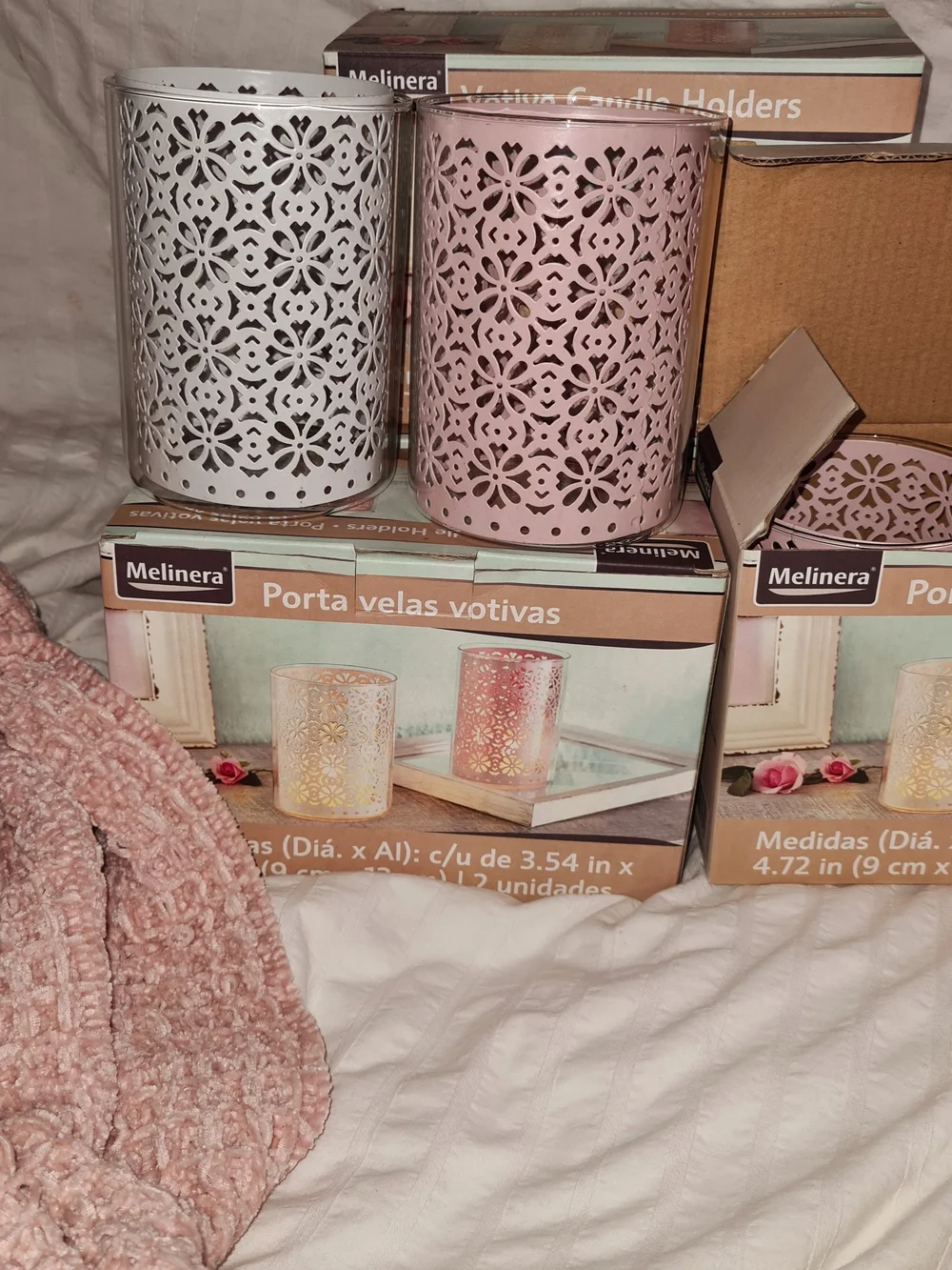 New 4 boxes of 2 Floral Cutout Votive Candle Holders in White and Pink (8 total)